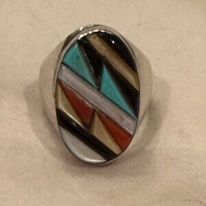 Turquoise Coral Onyx Abalone Shell Sterling Silver Ring Native American Made